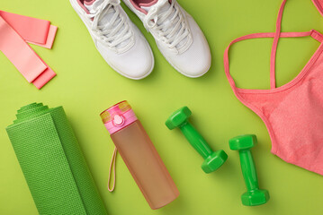 Fototapeta na wymiar Fitness accessories concept. Top view photo of pink sports bra sneakers bottle of water green sports mat resistance bands and dumbbells on isolated green background