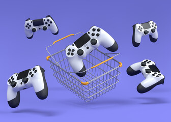 Set of gamer joysticks or gamepads in metal wire basket on purple background