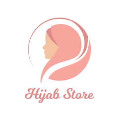 Muslim woman wearing hijab. Fashion logo design vector symbol. Scarf logo template for shop, store, print. Pink and white.