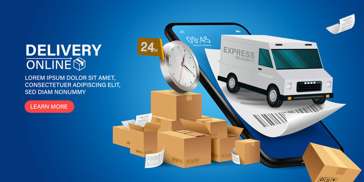 Parcel Tracking App. 
Delivery Truck With Cargo Box Is On A Mobile Phone. Online Parcel Inspection Concept.Online Delivery Transport Logistics Service. Warehouse Factory Express Delivery Box.