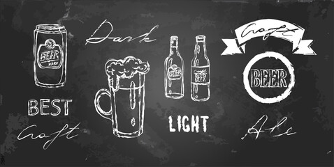 Vector set of beer with mugs, bottle, mail. Beer in a can. Illustration with frame, ribbon, hand written words. Craft beer on chalkboard. Objects by chalk isolated on blackboard. Drawings for pub menu