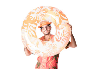 a young man on vacation in a Hawaiian shirt and hat looking through the inflatable ring on a white background