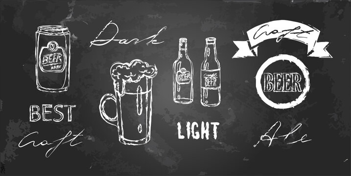 Vector set of beer with mugs, bottle, mail. Beer in a can. Illustration with frame, ribbon, hand written words. Craft beer on chalkboard. Objects by chalk isolated on blackboard. Drawings for pub menu