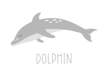 Gray isolated the baby dolphin by hand drawn . Vector illustration of underwater animal fish.