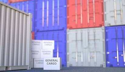 Box with PRODUCT OF GENERAL CARGO text and cargo containers. 3D rendering