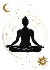 Woman with celestial cosmic symbols on the white isolated background. 