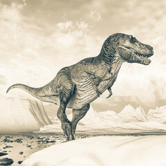 tyrannosaurus rex is standing up on ice land side view