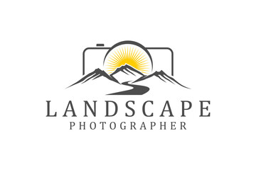 Landscape photographer logo mountain river with sunset camera outline symbol simple mnimalist photography film studio design vector