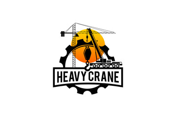 Tower crane and Mobile crane logo with hook pulley block silhouette sunset urban scene vector design badge emblem