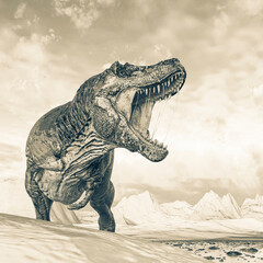 tyrannosaurus rex is angy on ice land side view