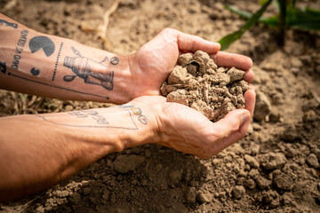 Man hands holding dry soil on a field