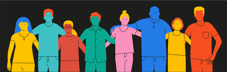 Group of friends on the black background, men and women good relationships.