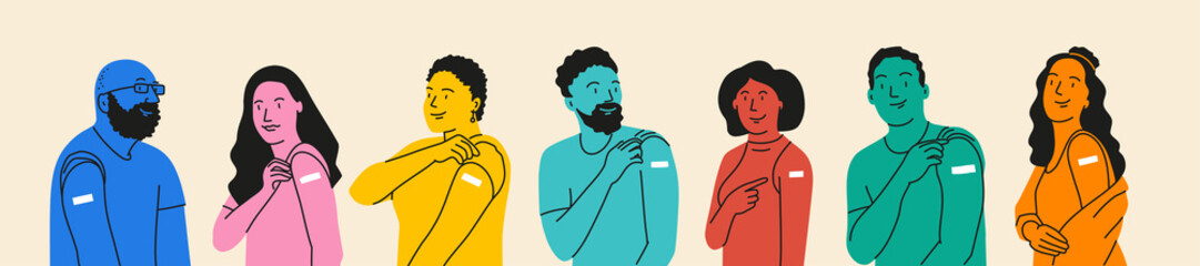 Ethnically diverse group of people showing their shoulders with band-aids on after getting a vaccine.