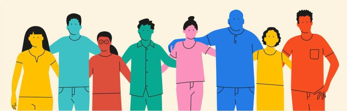 Hugging characters, friendship illustration with guy and girls standing together.