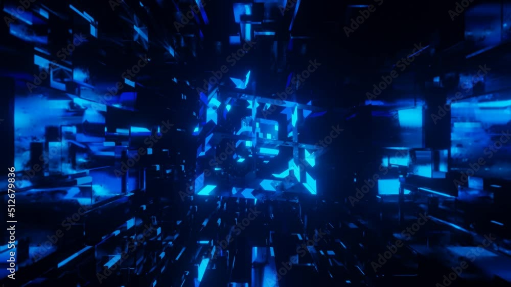 Poster 3d object or structure rotates and moves inside glass mirror tunnel with neon light, bright reflecti