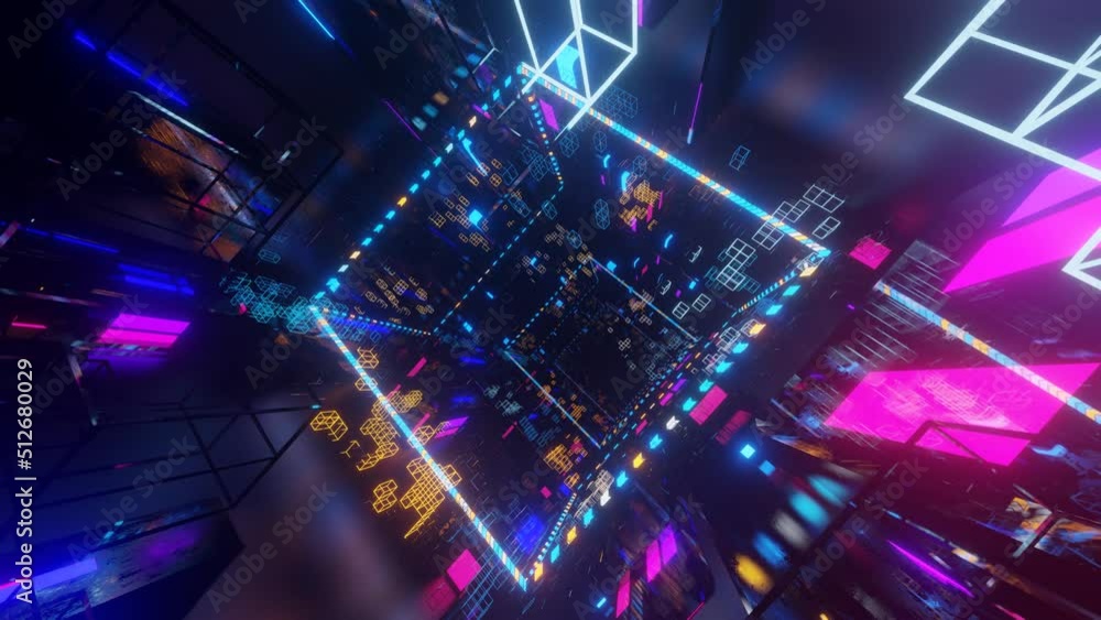 Poster abstract frames and boxes. fly through technology cyberspace with neon glow. sci-fi flight through h