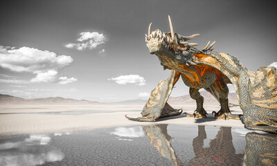 Obraz premium dragon is grounded on the desert after rain side view