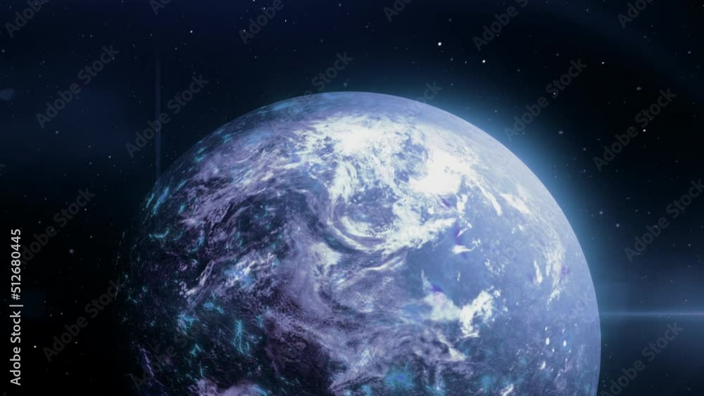Poster outer space with a view of the earth . motion . illuminated in blue and yellow with a view of our pl