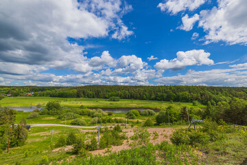 Fototapeta na wymiar Amazing view of green summer landscape with river against blue sky and white clouds. Sweden.