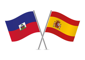 Obraz premium Haiti and Spain crossed flags. Haitian and Spanish flags on white background. Vector icon set. Vector illustration.