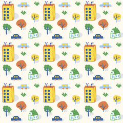 Fototapeta na wymiar Cute childish seamless pattern with buildings, transport, abstract trees in doodle scandinavian style. Print for kids fabric, textile, packaging, nursery wallpaper. Hand drawn colorful city landscape