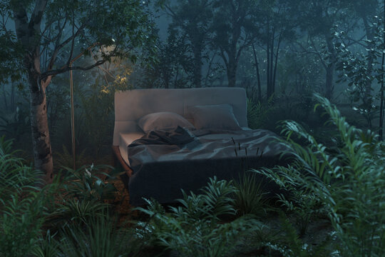 3d rendering of unmade bed in the middle of a tropical forest. Concept tropical night