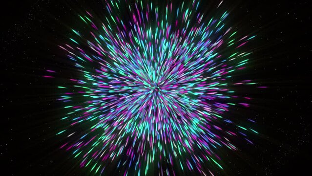 Black background with shiny multicolored abstraction . Motion . Lines of different sizes that fly like fireworks and spread out, filling up all the free space and making it multicolored.