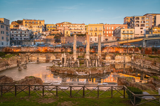 View of the ancient Macellum of Pozzuoli, Naples, Italy at sunset. In ancient Rome, macella were the market buildings.