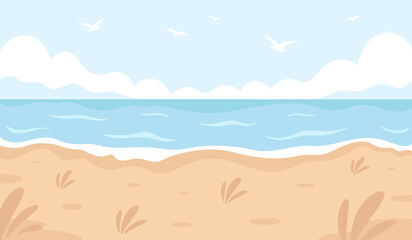 Sandy beach landscape. Hello summer, summer vacation. Ocean shore. Hand drawn vector illustration - obrazy, fototapety, plakaty
