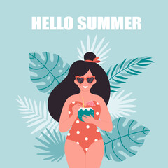 Woman with summer cocktail. Hello summer, vacation, summertime, summer party. Woman in retro swimsuit and retro glasses. Hand drawn vector illustration