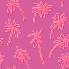 Sketch Palms vector seamless pattern with retro vibes. Fuchsia and pink exotic palms repeat for fabric, wrapping paper