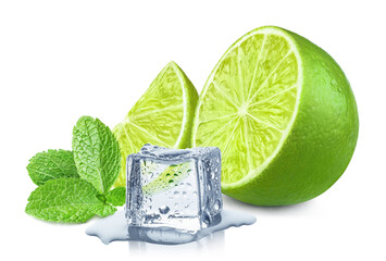 Ripe limes with ice cube and mint leaves, isolated on white background