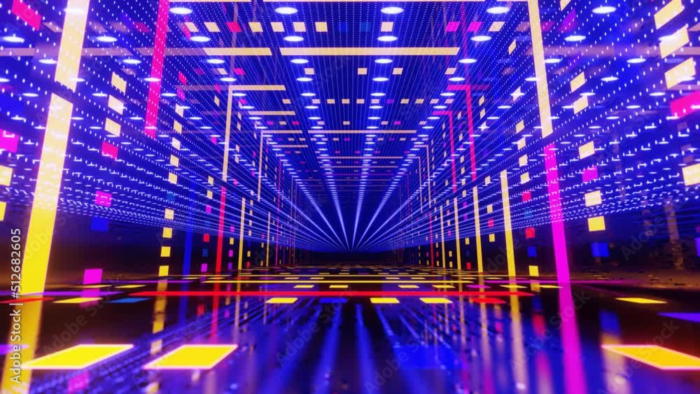 Poster hologram tunnel. fly through mirror tunnel with neon pattern, glow lines form sci fi pattern. bright