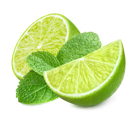 Ripe limes with mint leaves, isolated on white background