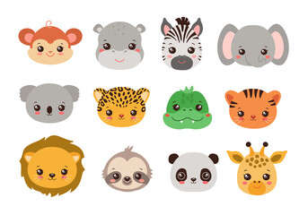 Safari animal faces kawaii style. Cute jungle animals heads icons. Fun vector illustration chibi wild animals.