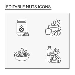  Nuts line icons set. Tasty and healthy snacks. Ingredients for food preparation.Balanced nutrition concept. Isolated vector illustration. Editable stroke