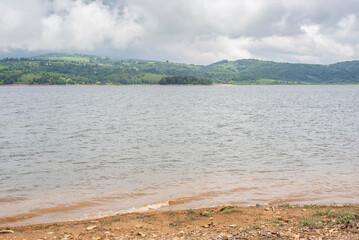 Panoramic view of Vlasina lake on cloudy day.