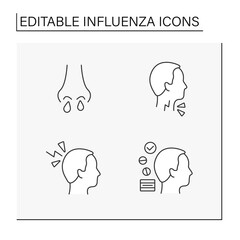 Influenza line icons set.Runny nose, sore throat, headache, treatment. Viral and bacterial infections. Disease prevention. Health care concept. Isolated vector illustrations. Editable stroke