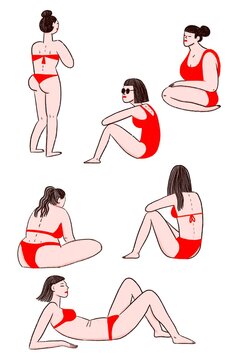 Different illustrated women wearing red swimsuits in various poses