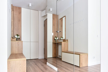 Interior of hallway with mirror, glass doors and wooden floor. Atechamber with wardrobe, cabinet...