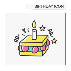 Sandwich color icon. Festive sweet sandwich with strawberry for birthday with one candle. Party. Birthday concept. Isolated vector illustration