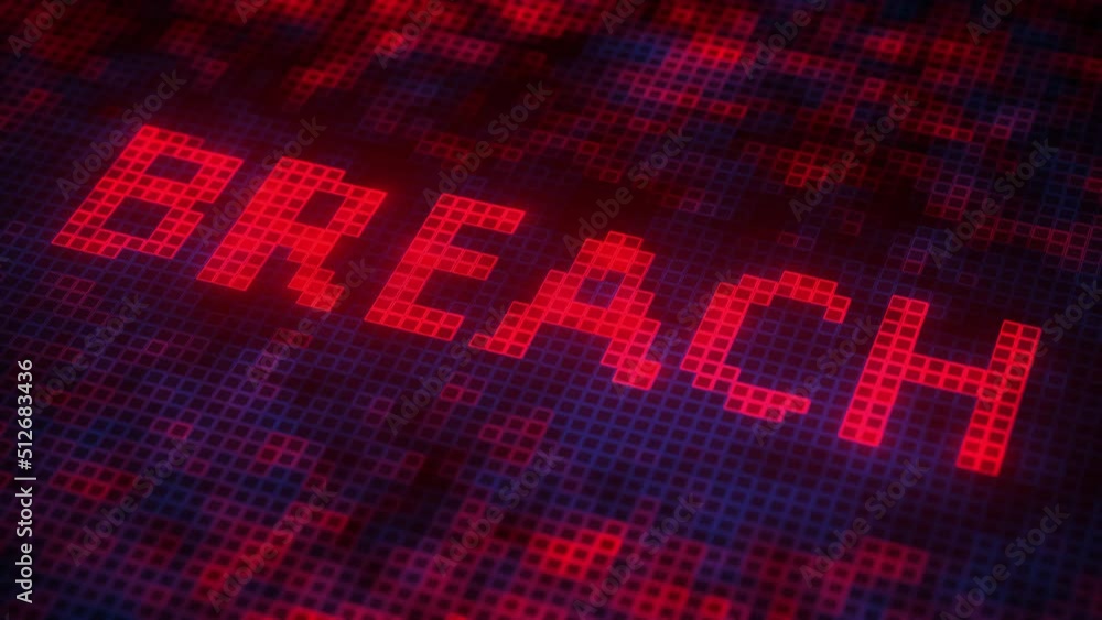 Poster breach text made of pixels on the screen, 3d animation