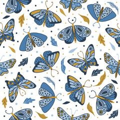 Vector seamless pattern with summer herbs and butterflies