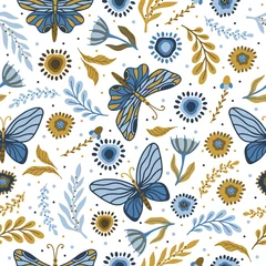 Foto auf Acrylglas Vector seamless pattern with summer herbs and butterflies © Anastasiya 