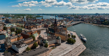 Obraz premium Aerial panoramic view of the old Town, Gamla Stan, in Stockholm. Beautiful Sweden during summer time.