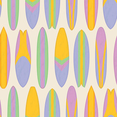 Surfboard seamless vector pattern. Colorful summer design with purple, yellow and green board illustrations. Fun, repeat surface pattern with vintage retro texture. 