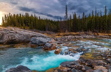 Elbow River Flowing Through Kananaskis On A Cloudy Day