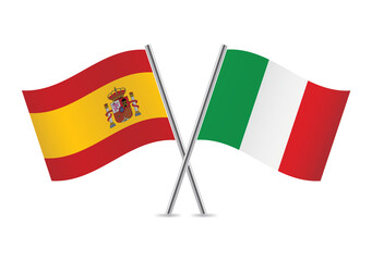 Spain and Italy crossed flags. Spanish and Italian flags on white background. Vector icon set. Vector illustration.