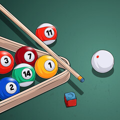 Hand drawn Set of Billiards Balls with triangle Cue Chalk and White Cue Ball in Green Billiards table