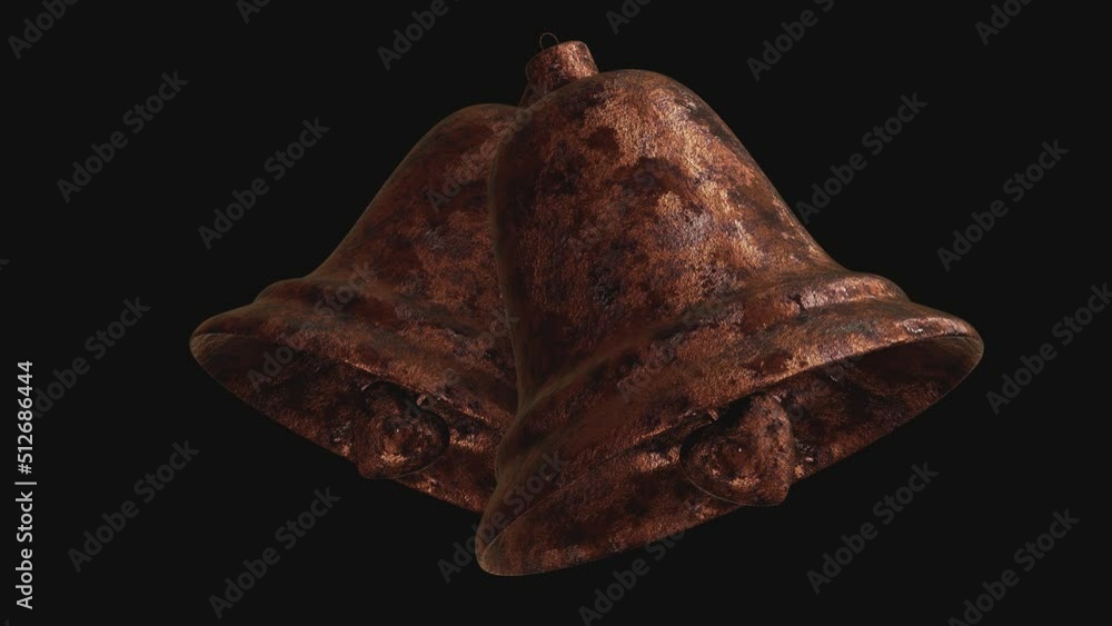 Poster realistic looping 3d animation of swinging two rusty metal textured aged bells rendered in uhd with 